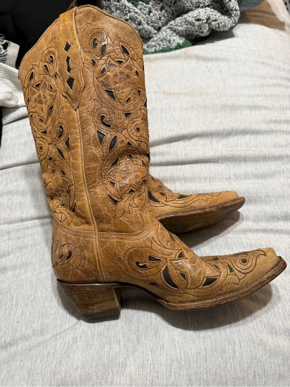 Women's Corral Tan Leather Western Cowboy Boots - Decorative Cutout Design